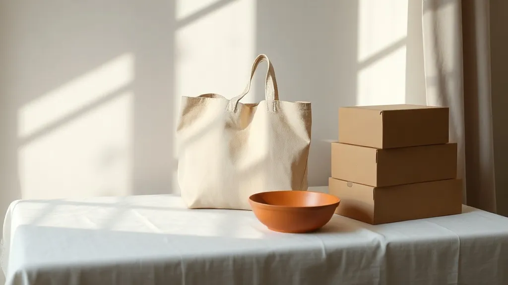 A plain fabric tote bag beside stacked unmarked boxes and a burnt orange ceramic dish.