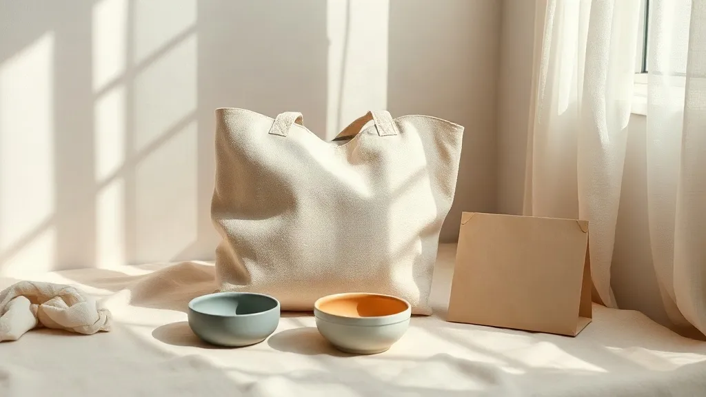 A fabric tote bag rests beside a small ceramic dish and a plain kraft parcel on a linen surface.