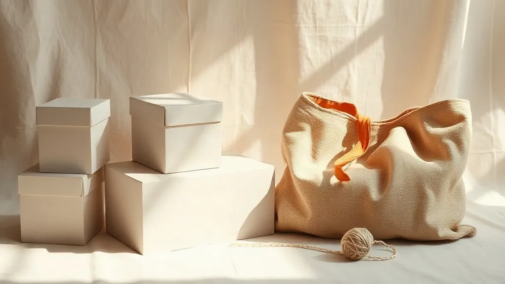 A stack of plain boxes beside a folded burnt orange fabric tote and a loose coil of cotton string.