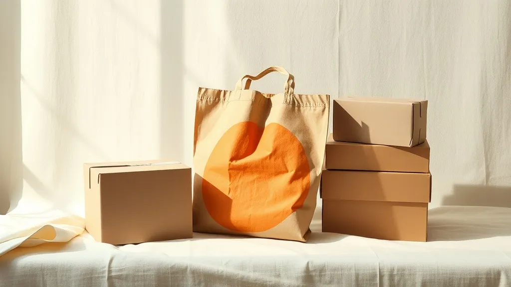 A kraft paper parcel beside a burnt orange fabric tote bag and stacked plain boxes.