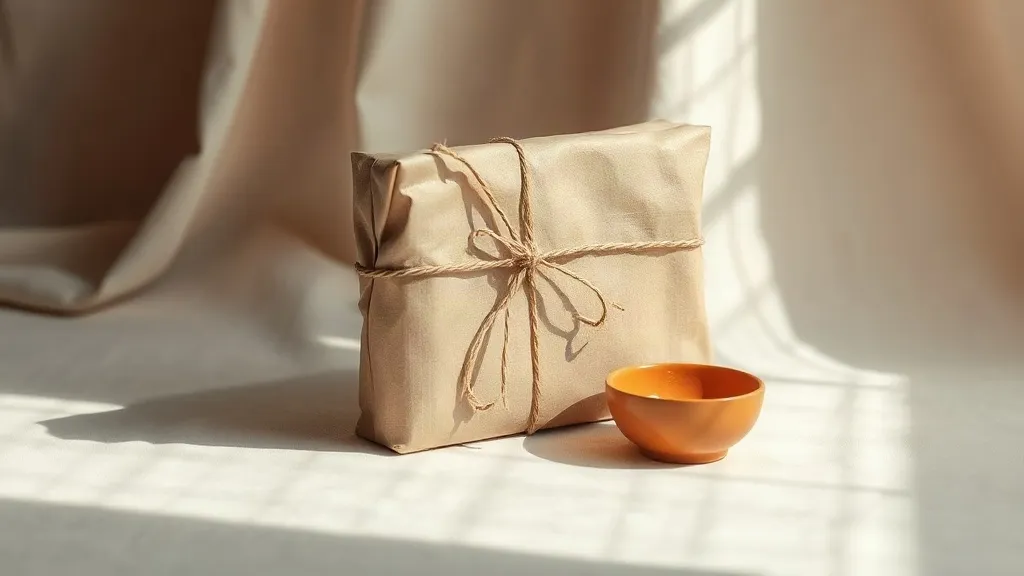 A plain kraft parcel tied with string, beside a small ceramic dish on a linen surface.