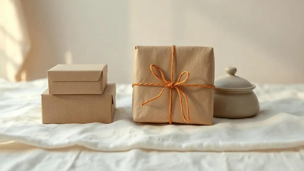 A plain kraft paper parcel tied with burnt orange string, beside a small stack of unmarked boxes and a plain ceramic dish, on a warm linen surface.