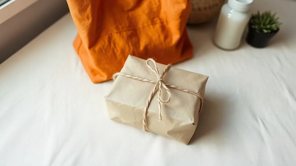 A kraft paper parcel tied with cotton string on a linen surface beside a burnt orange fabric tote bag.