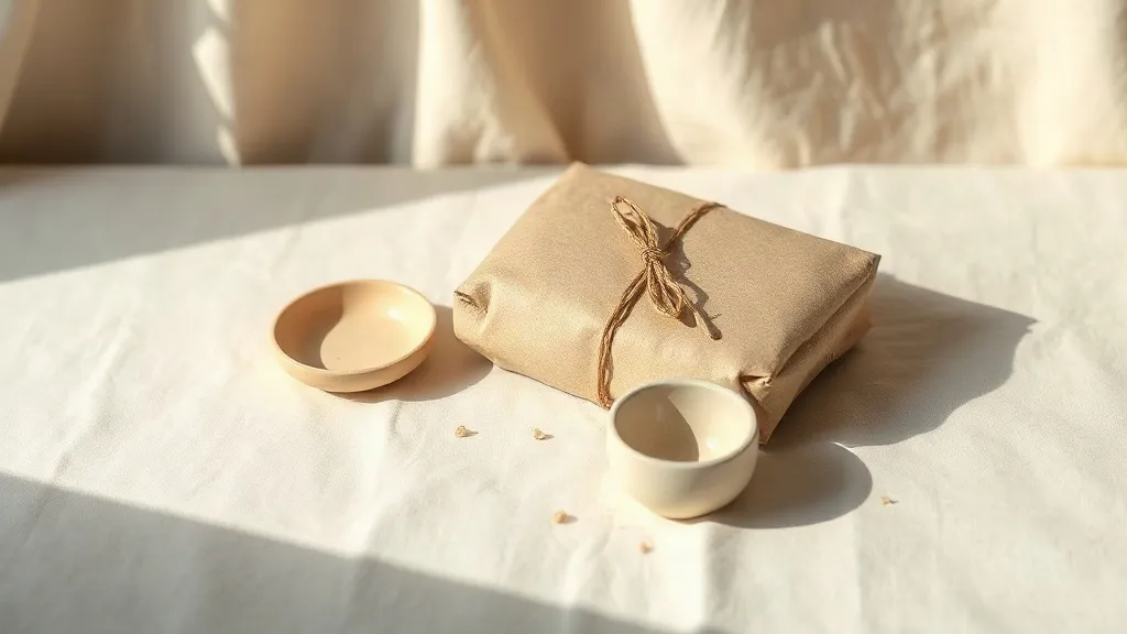 A plain kraft parcel tied with cotton string sits beside a small ceramic dish on a linen surface.
