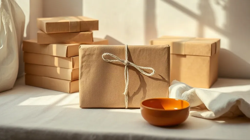 A plain kraft parcel tied with string beside a stack of unmarked boxes and a burnt orange ceramic dish on a linen surface.