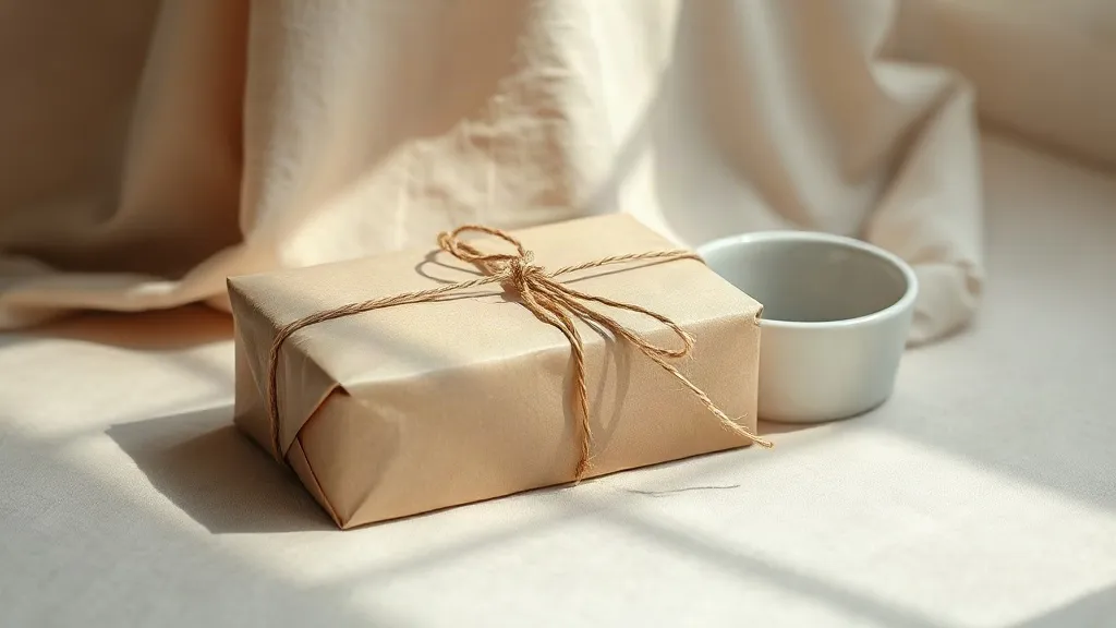 A wrapped kraft parcel tied with cotton string, resting beside a plain ceramic dish.