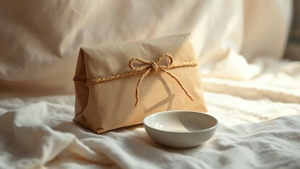A plain kraft parcel tied with string resting beside a small ceramic dish.
