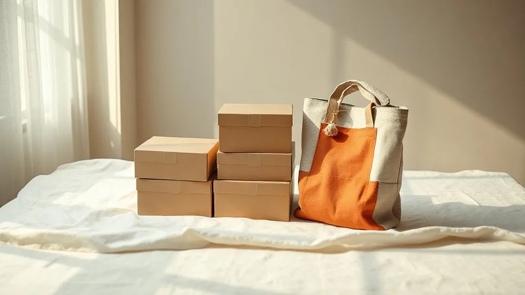 A small stack of plain cardboard boxes beside a burnt orange fabric tote bag on a warm linen surface.