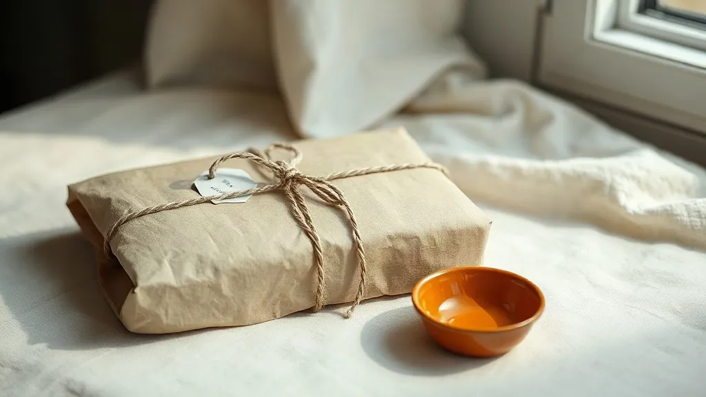 A kraft paper parcel tied with cotton string next to a burnt orange ceramic dish on a linen surface.