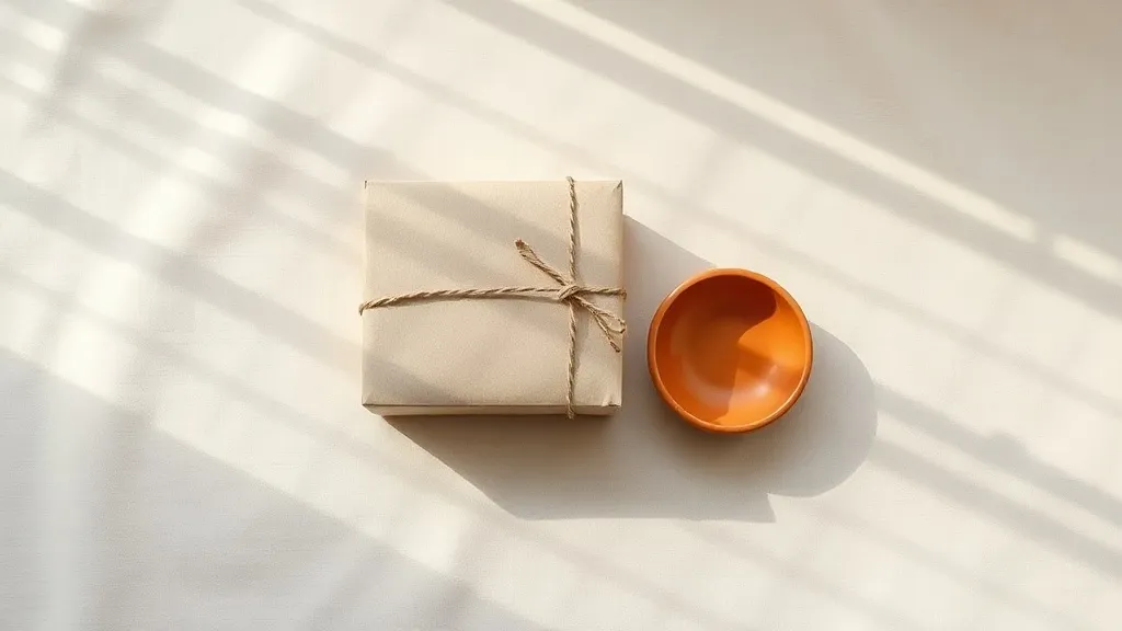A kraft paper parcel tied with cotton string beside a small burnt orange ceramic dish on a warm linen surface.