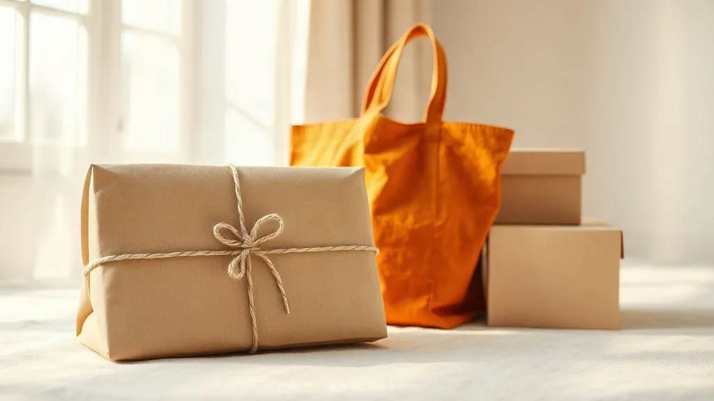A photograph of a brown kraft parcel tied with string, a stack of plain boxes and a burnt orange fabric tote arranged on a warm linen surface.