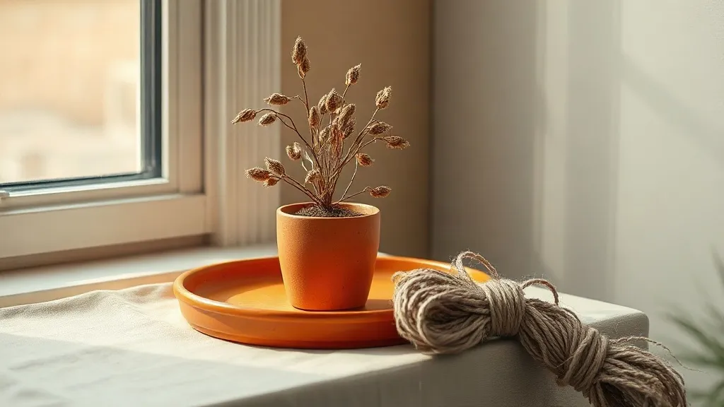 A small potted plant with dried foliage, an orange ceramic tray and a coiled bundle of twine on a window sill.