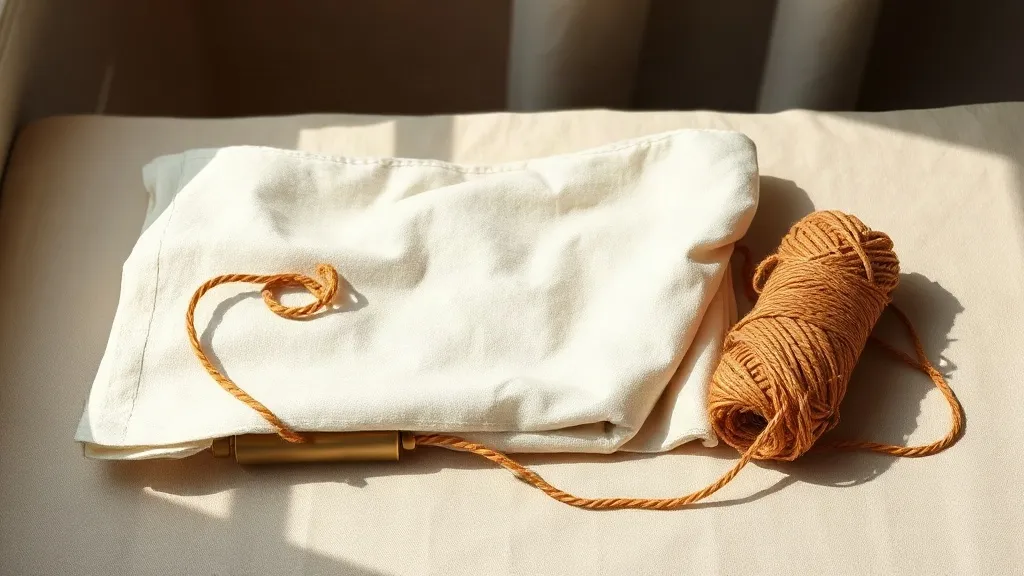 A brass door handle and a folded cloth on a linen surface beside a coil of burnt orange twine.