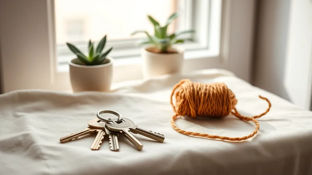 A set of keys on a brass ring beside a small potted plant and a coiled bundle of burnt orange twine.