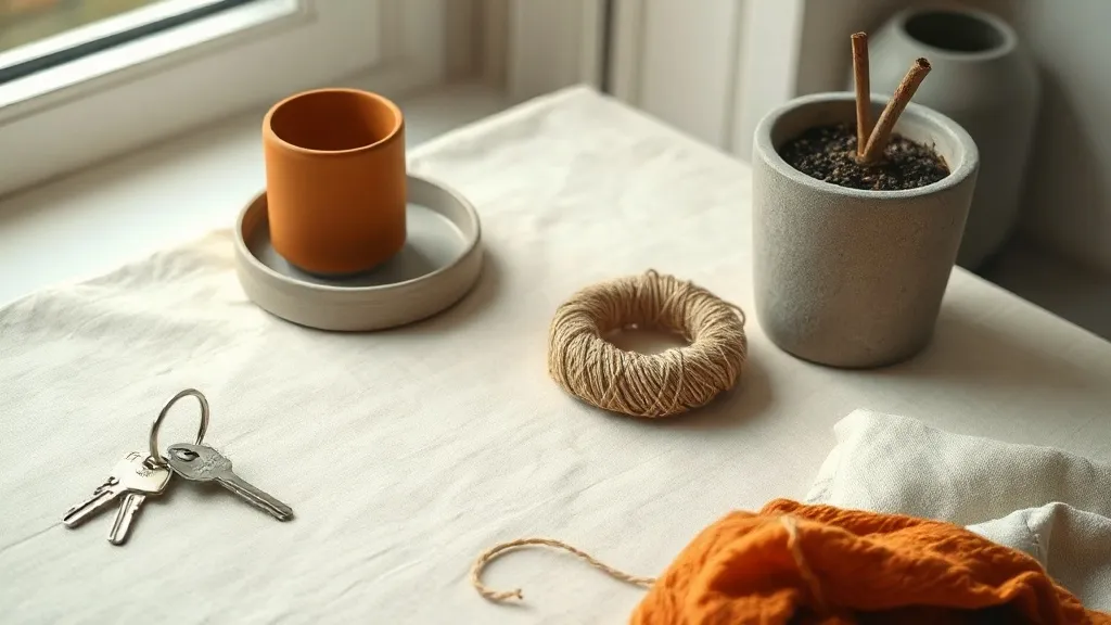 A set of keys and a coiled bundle of twine resting on cream linen beside a burnt orange ceramic tray and a small potted plant.