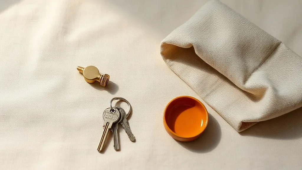 A small brass door handle, a ring of keys and a folded linen cloth on a warm linen surface, with one burnt orange ceramic dish beside them.