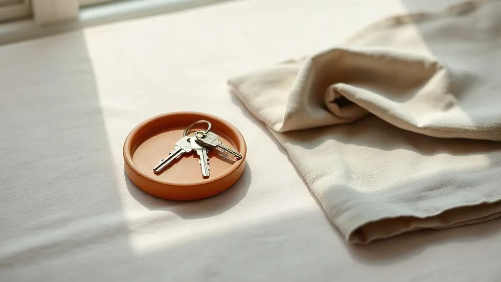 A set of keys and a folded cloth arranged beside a small ceramic tray on a linen surface.