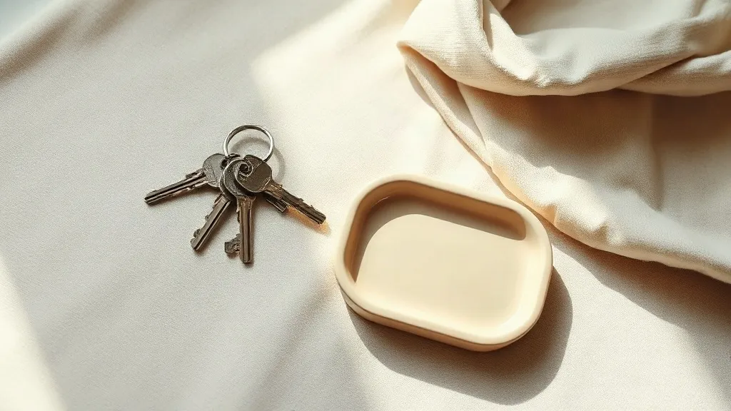 A set of keys on a ring, a folded cloth and a small ceramic tray on a linen surface.