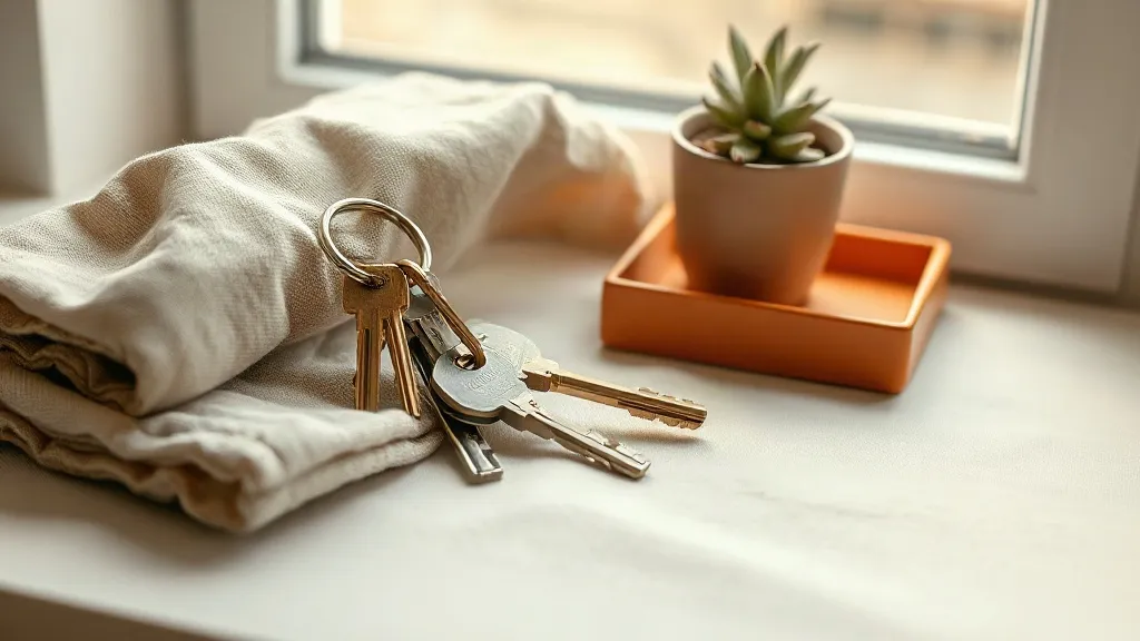 A bundle of keys on a brass ring beside a folded linen cloth, a small potted plant and a burnt orange ceramic tray.