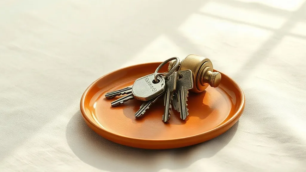 A set of keys on a ring and a brass door handle resting on a burnt orange ceramic tray.