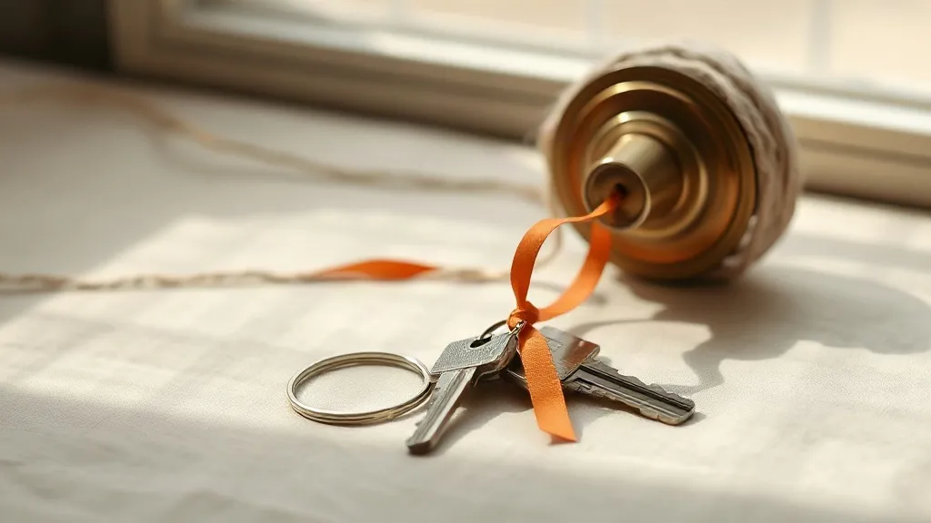 A set of keys on a ring, a brass door handle and a coiled bundle of twine arranged on warm linen, with a small burnt orange ribbon tied around the keys.