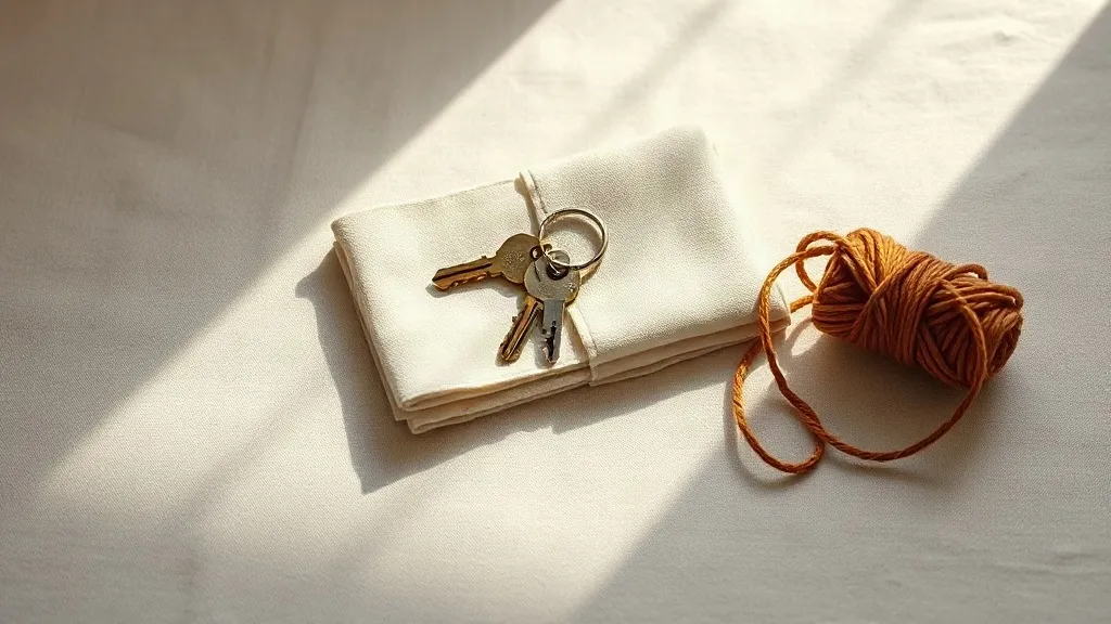A still life photograph of brass keys on a ring and a folded cream cloth beside a coiled bundle of burnt orange twine on a linen surface.