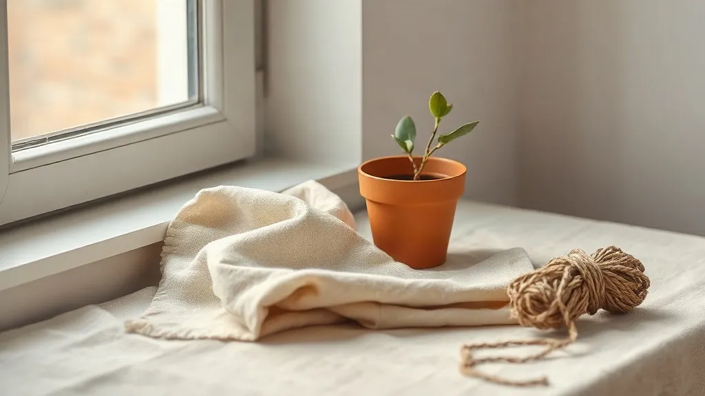 A folded cloth and a coiled bundle of twine beside a small potted plant in a burnt orange terracotta pot on a linen window sill.