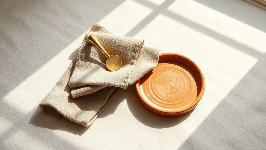 A brass door handle resting on a folded cloth, beside a small ceramic tray on a linen surface.