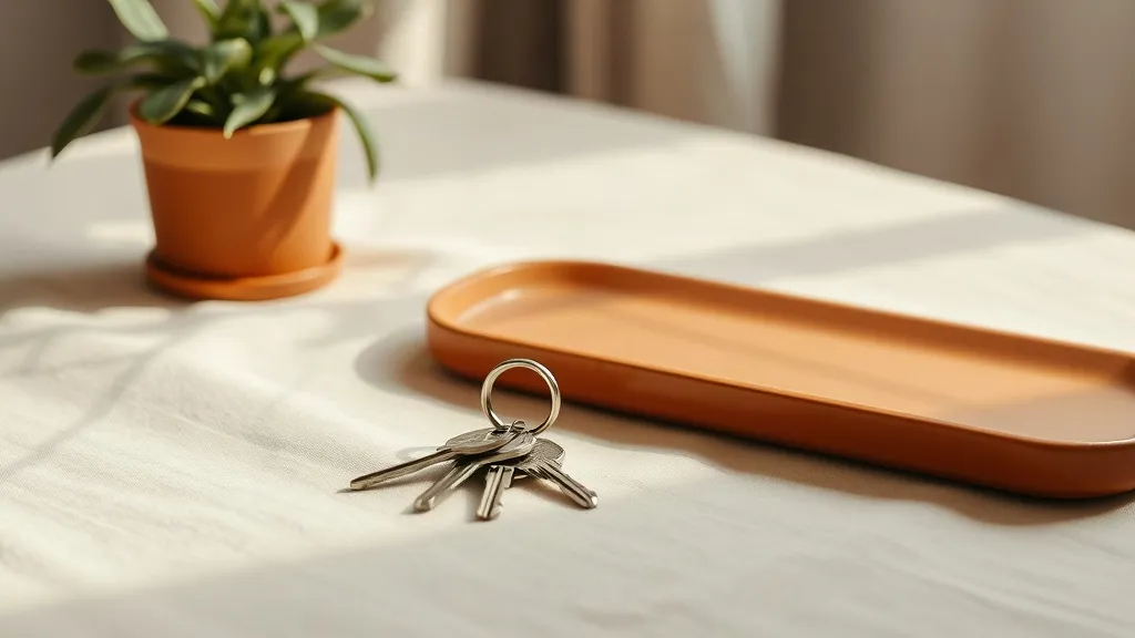 A set of keys on a ring and a potted plant on a linen surface beside a burnt orange ceramic tray.