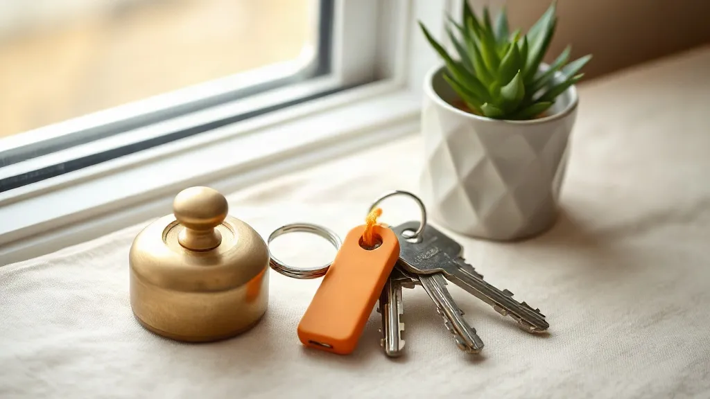 A set of keys with a small orange ceramic tag rests beside a brass door handle and a potted plant on a windowsill.