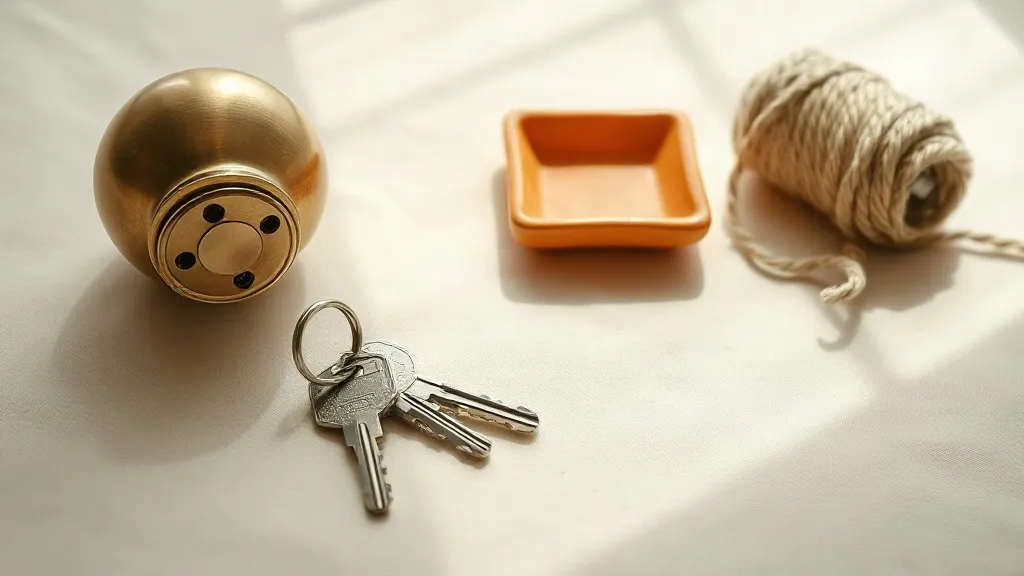 A set of keys on a ring beside a brass door handle and a coiled bundle of twine, with a small burnt orange ceramic tray, on a linen surface.