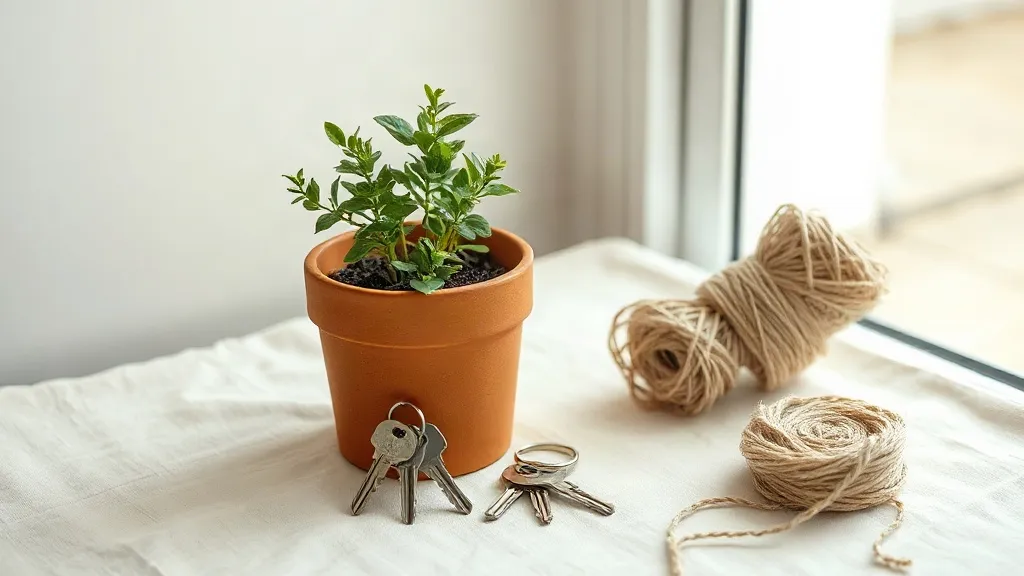 A small potted plant, a set of keys on a ring and a coiled bundle of twine on a linen surface.