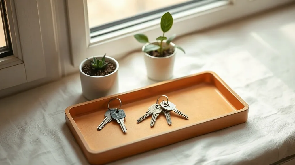 A set of keys on a ring resting on a ceramic tray, beside a small potted plant on a window sill.