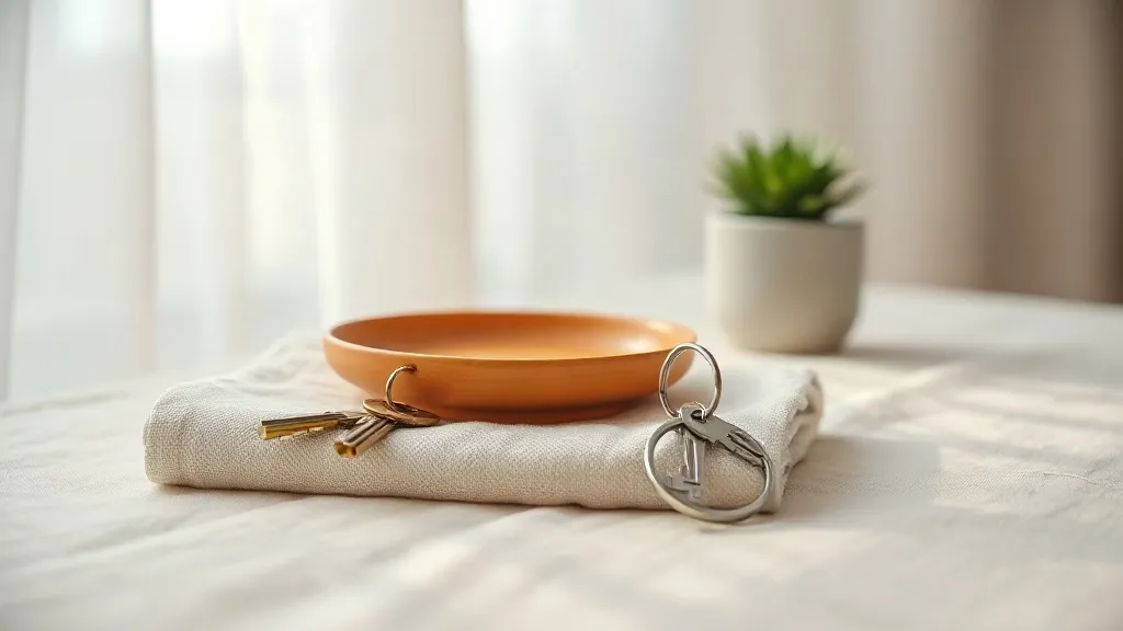 A set of keys on a brass ring resting on a folded cloth beside a small orange ceramic tray, with a potted plant in the background.