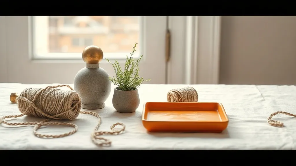 A brass door handle resting beside a small potted plant, a coiled bundle of twine and a ceramic tray.