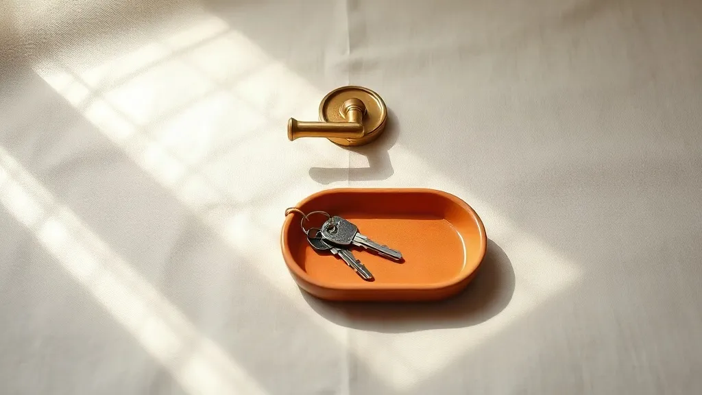 A brass door handle and a ring of keys resting beside a small burnt orange ceramic tray on a linen surface.
