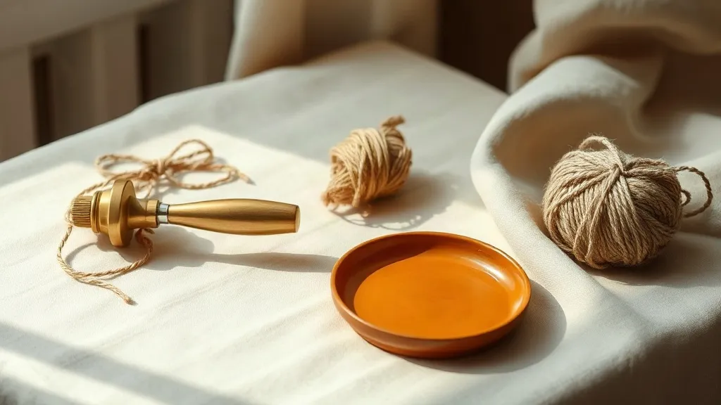 A brass door handle beside a coiled bundle of twine and a small burnt orange ceramic tray.