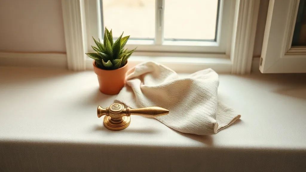A brass door handle rests beside a folded cloth and a small potted plant on a window sill.