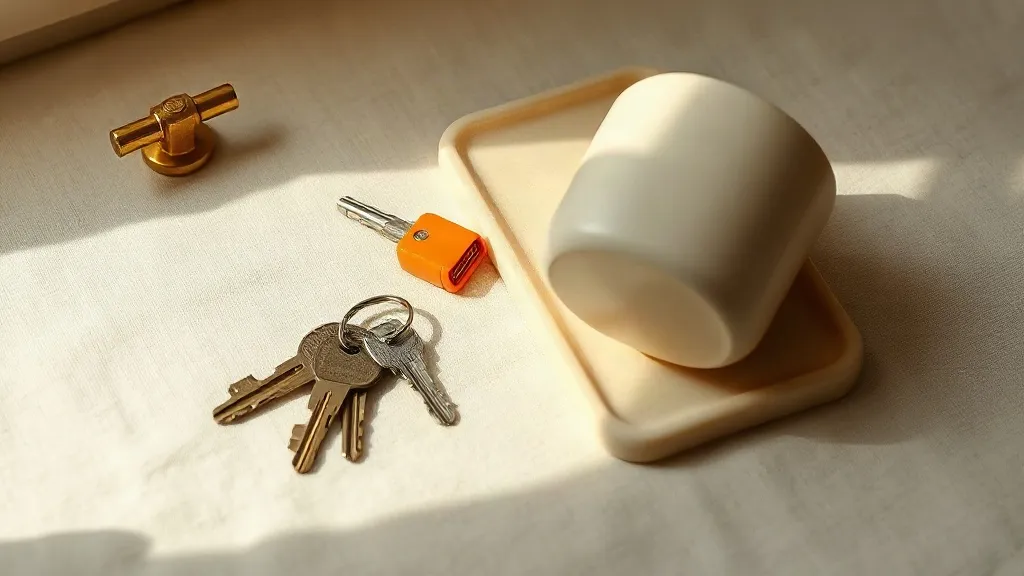 A set of keys on a ring rests beside a brass door handle and a plain ceramic tray on a linen surface.