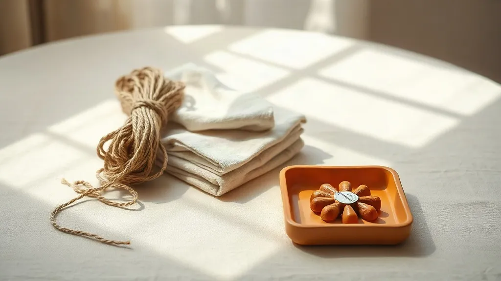 A folded linen cloth and a coiled bundle of twine beside a burnt orange ceramic tray on a linen surface.