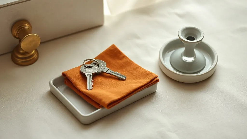 A set of keys on a ring resting on a folded cloth beside a brass door handle and a plain ceramic tray.