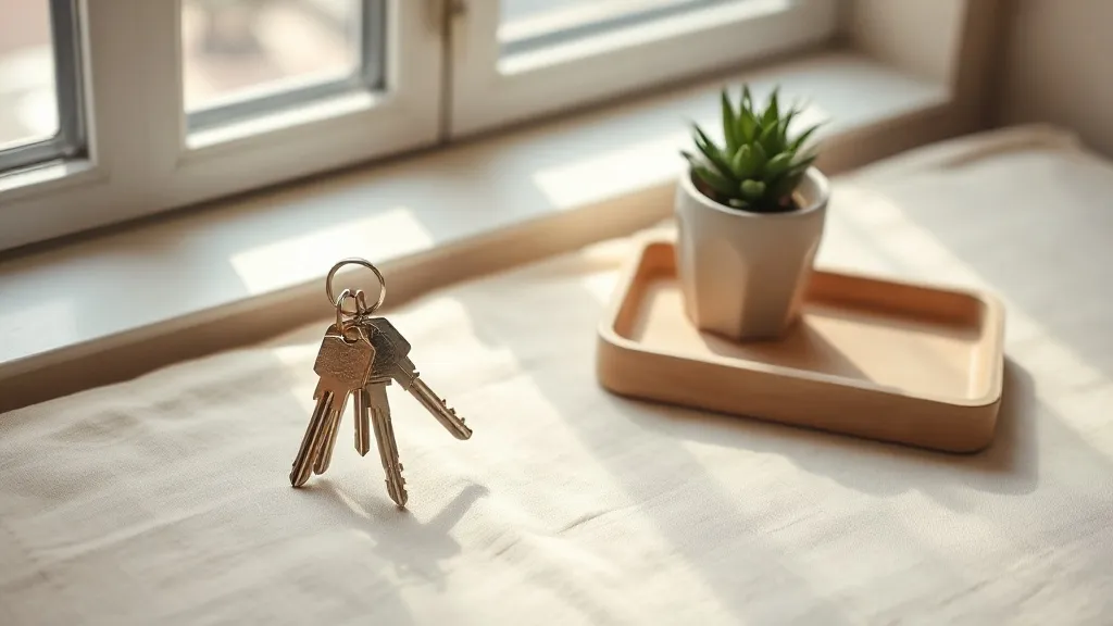 A set of keys on a plain ring and a small potted plant beside a burnt orange ceramic tray on a warm linen surface.