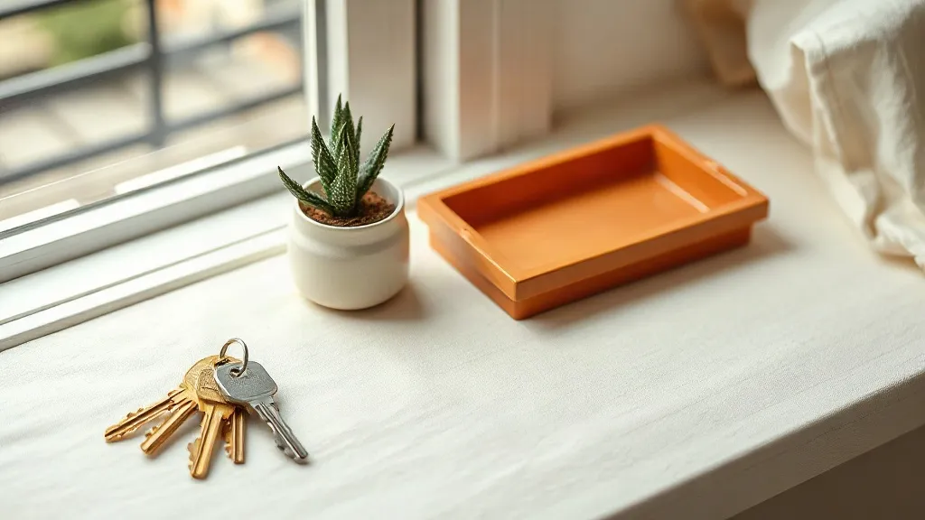A set of keys on a brass ring beside a small potted plant and a burnt orange ceramic tray on a linen surface.