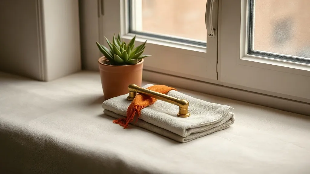 A brass door handle resting on a folded cloth beside a small potted plant.