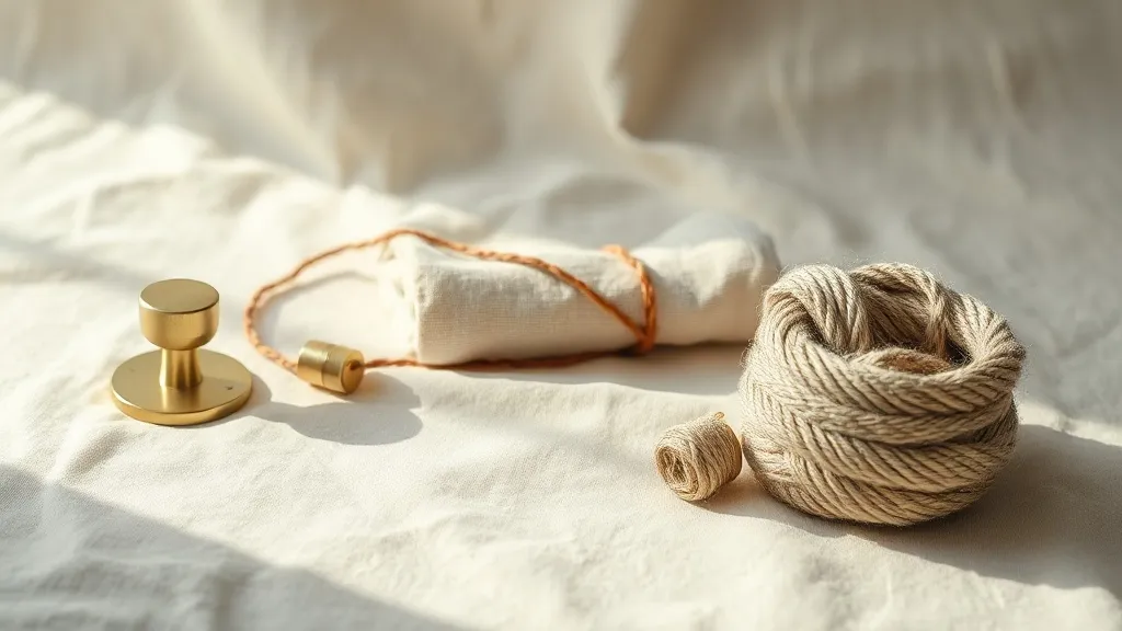 A small brass door handle and a folded linen cloth beside a coiled bundle of burnt orange twine on a warm linen surface.