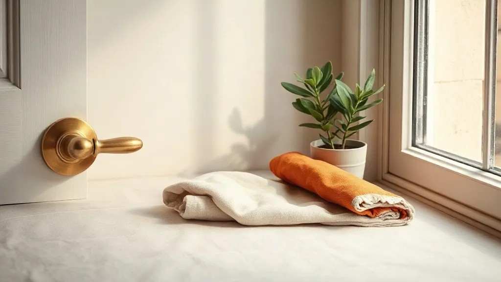A brass door handle beside a folded cloth and a small potted plant on a window sill.