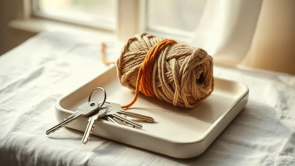 A set of keys on a ring and a coiled bundle of twine resting on a ceramic tray.