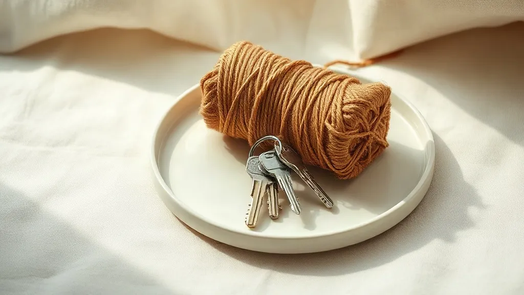 A set of keys on a ring resting beside a coiled bundle of twine on a plain ceramic tray.