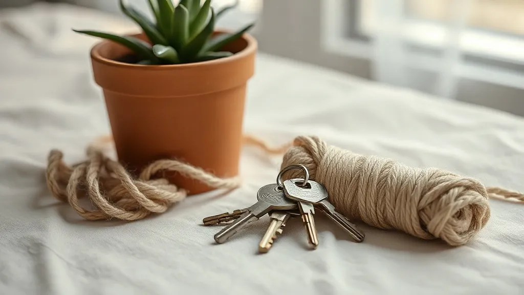 A set of keys on a ring beside a coiled length of twine and a small plant in a plain terracotta pot on a linen surface.