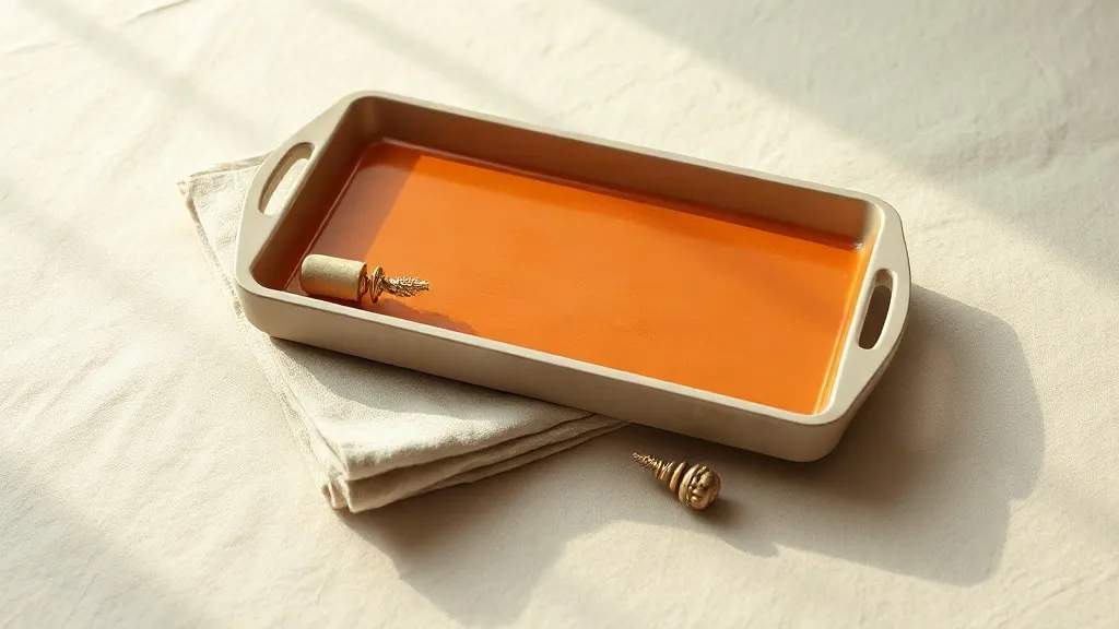 A brass door handle resting on a folded linen cloth beside a plain ceramic tray.